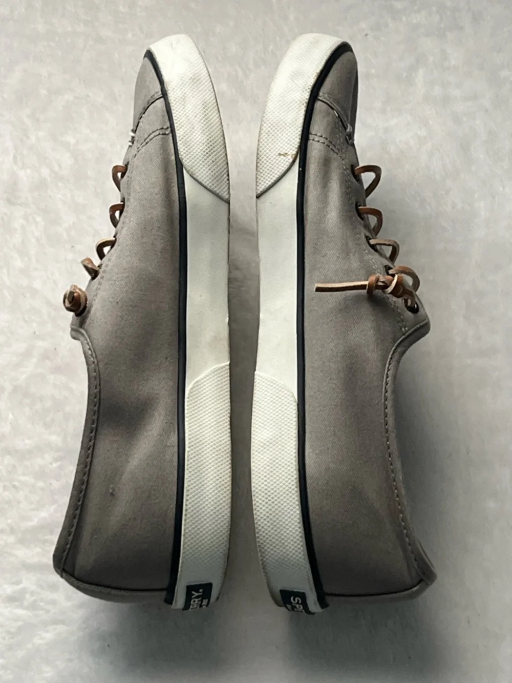 Sperry Men’s Gray Canvas Boat Shoes with Tan Leather Laces, Size 10M